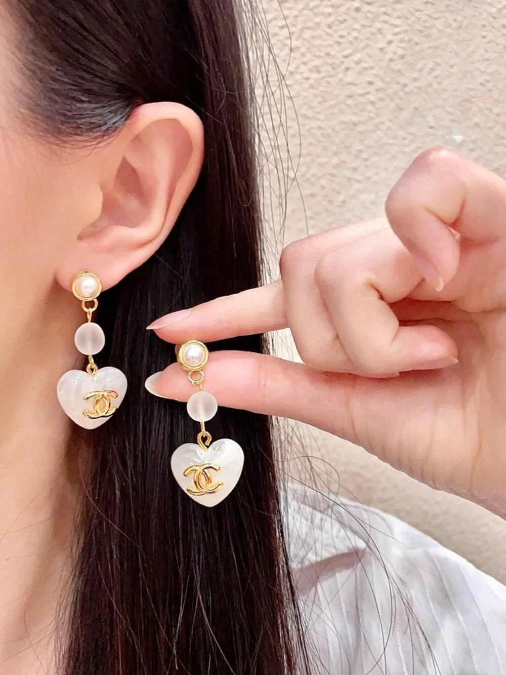 Chanel White Frosted Heart CC Pearl Chain Drop Dangle Earrings Pair Designer Pie